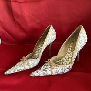 Vintage Y2K BCBG Stiletto Heels Pointed Toe Monogram Size 8.5 B All Over Print